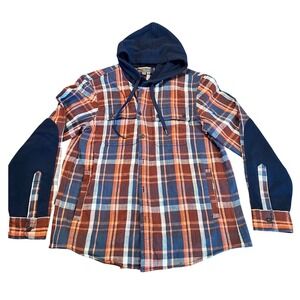 LL Bean Signature Mens Slim Fit Hooded Flannel Shirt Orange Blue Lg Shacket Farm